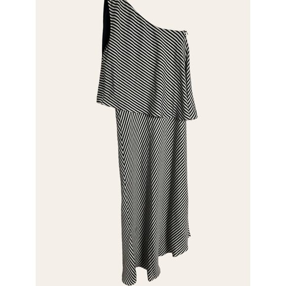 Halston Heritage Black White Striped Asymmetrical One Shoulder Midi Dress  XS - Picture 8 of 12